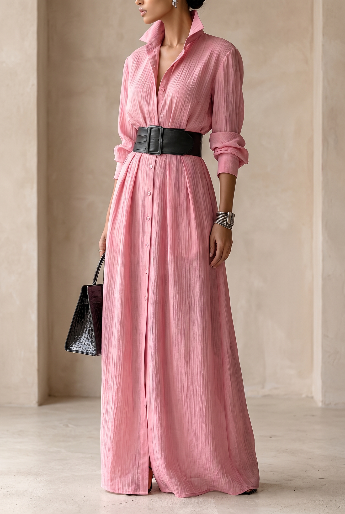 Women's Solid Color Lapel Long Sleeve Single Breasted Belt Maxi Shirt Dress