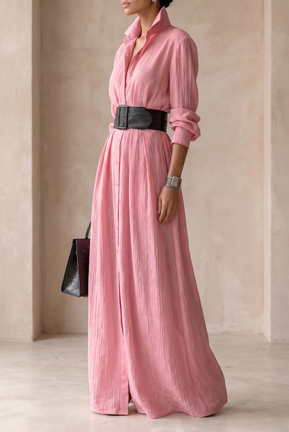 Women's Solid Color Lapel Long Sleeve Single Breasted Belt Maxi Shirt Dress