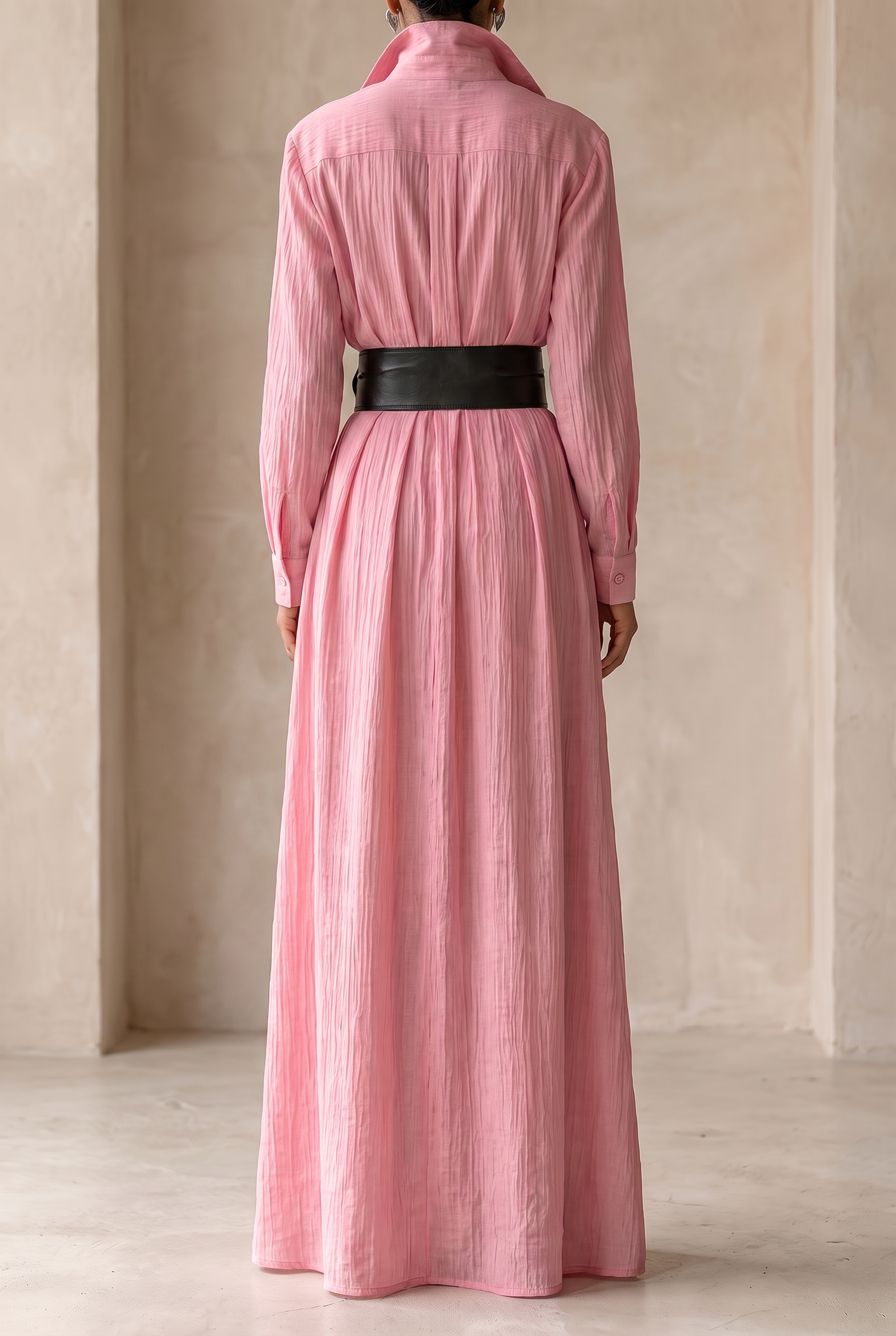 Women's Solid Color Lapel Long Sleeve Single Breasted Belt Maxi Shirt Dress