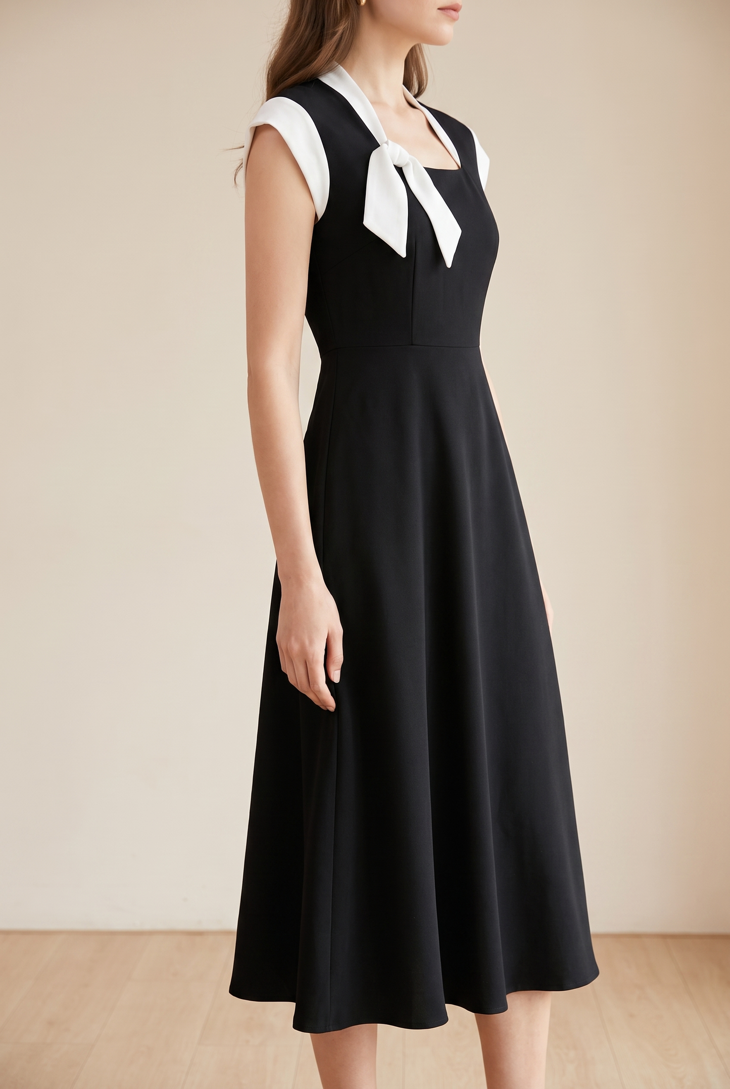 Women's Colorblock Square Neck Cap Shoulder Sleeve Waist Midi Dress