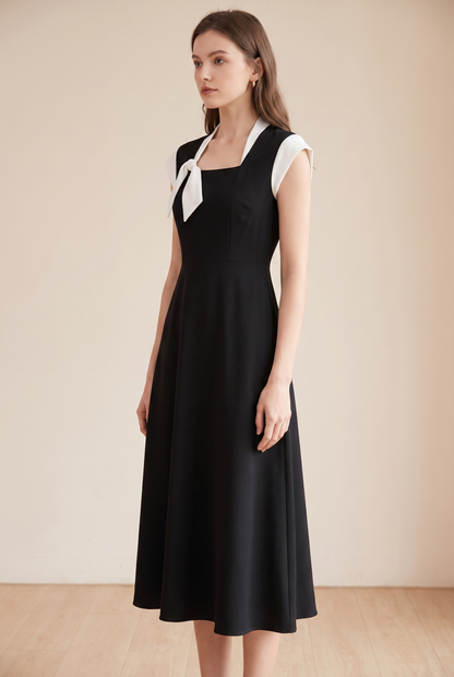 Women's Colorblock Square Neck Cap Shoulder Sleeve Waist Midi Dress