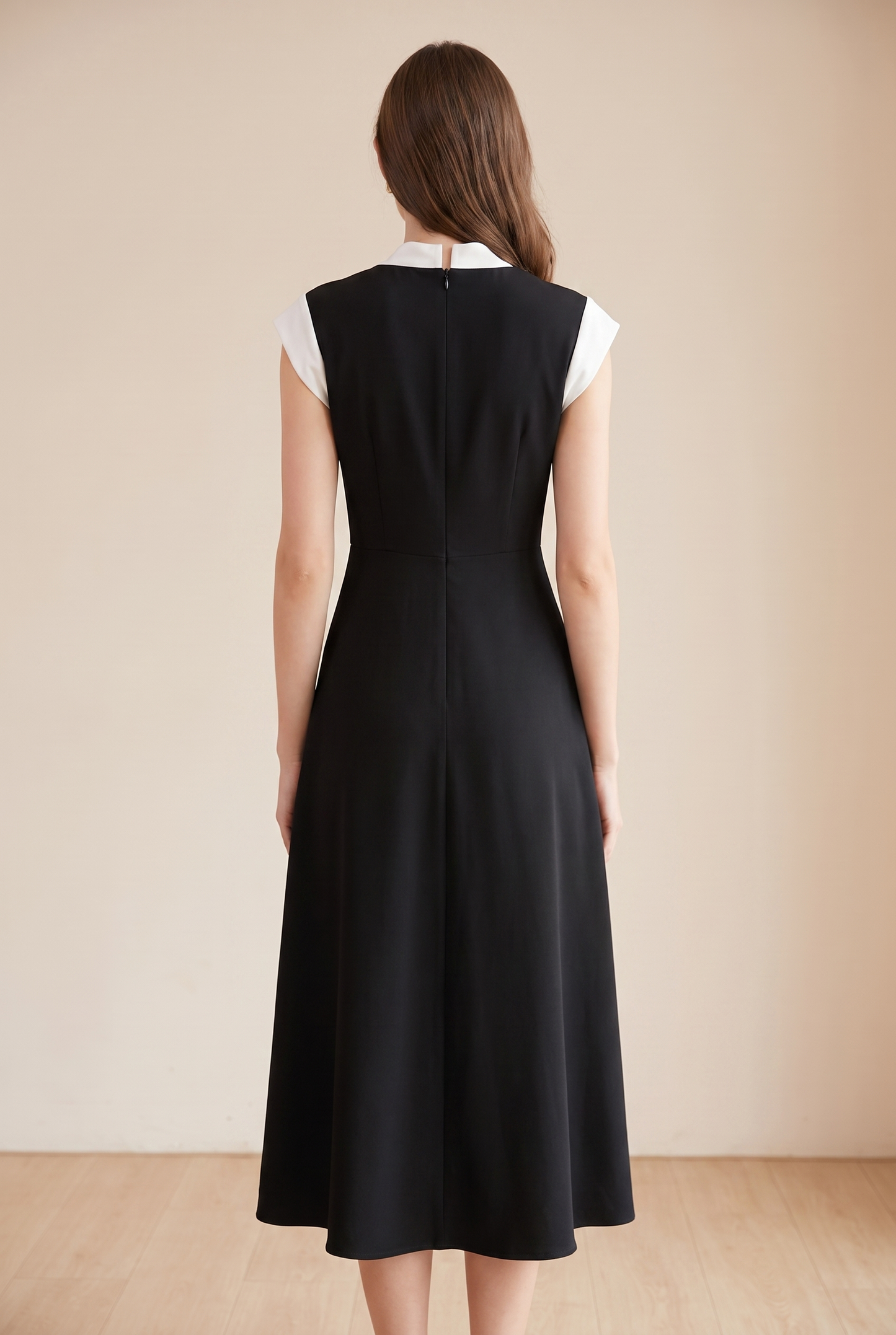 Women's Colorblock Square Neck Cap Shoulder Sleeve Waist Midi Dress