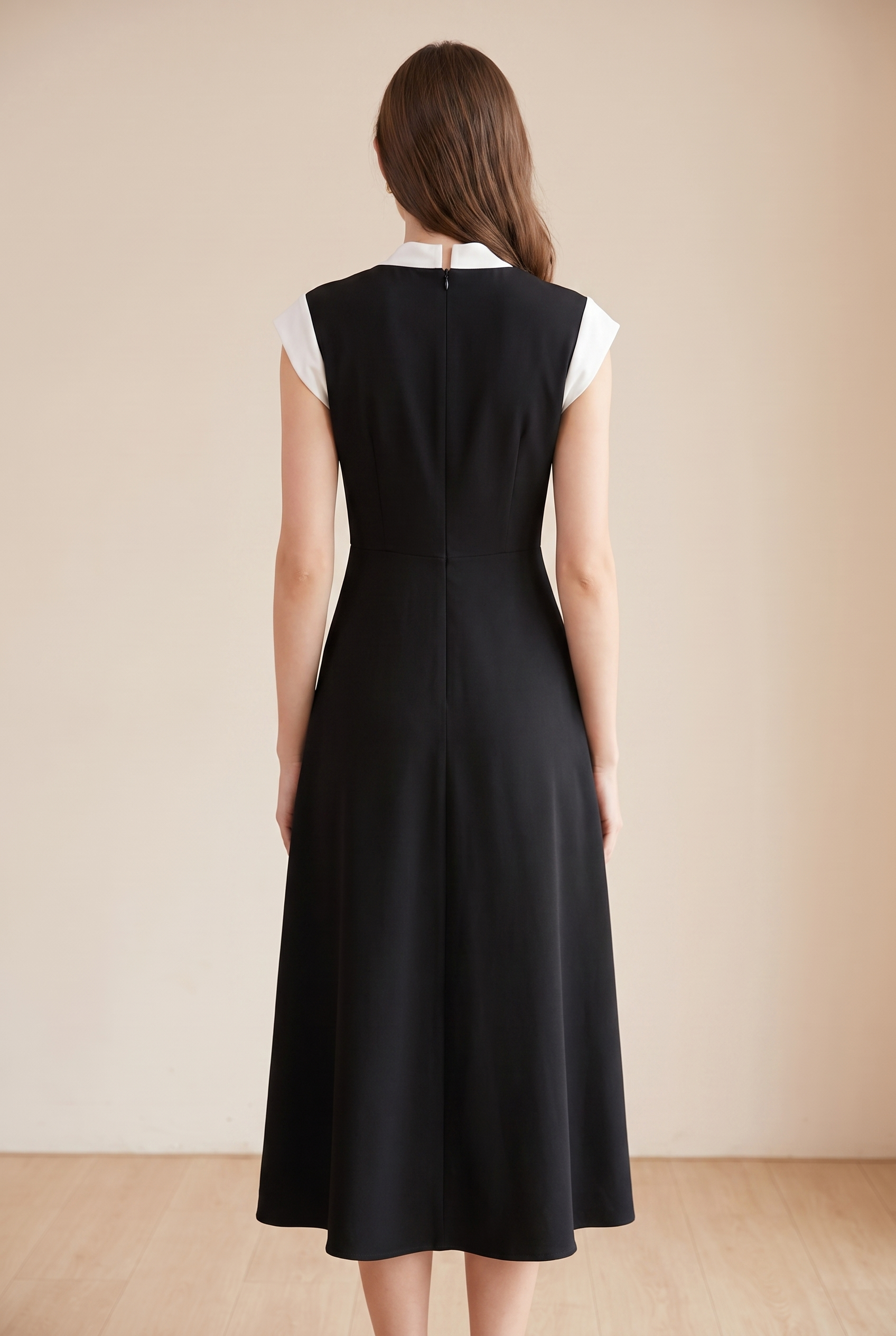 Women's Colorblock Square Neck Cap Shoulder Sleeve Waist Midi Dress