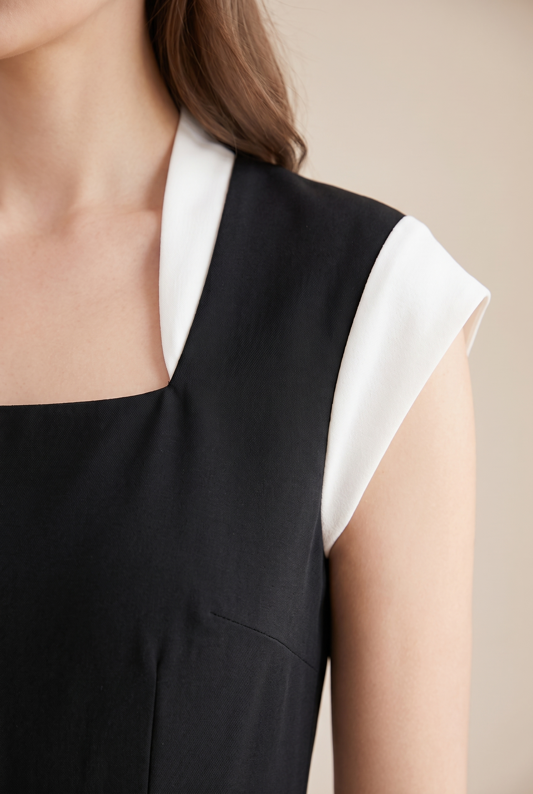 Women's Colorblock Square Neck Cap Shoulder Sleeve Waist Midi Dress