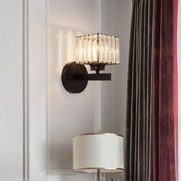 Nzmarket Crystal Glass Wall Light – Round & Square, Black & Gold Finish