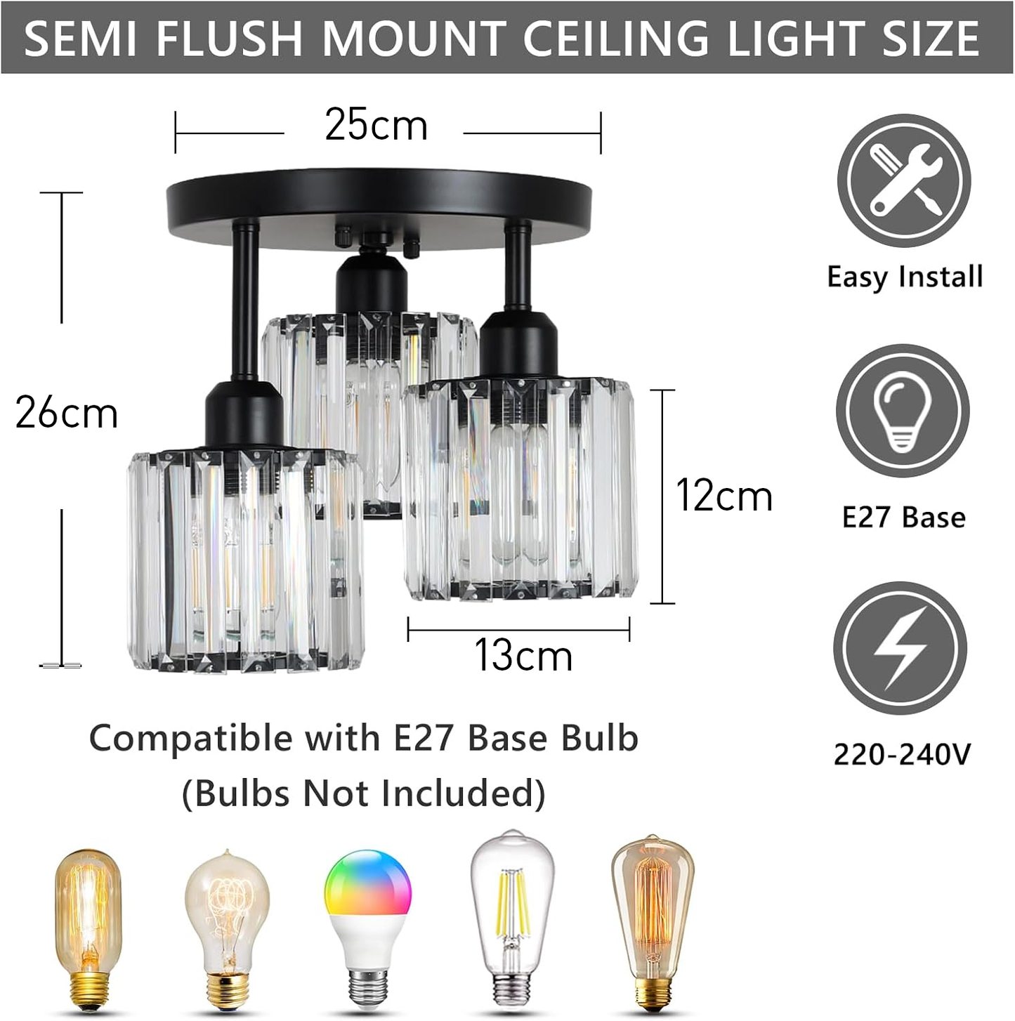 Nzmarket Crystal Semi-Flush Ceiling Light – Black, Gold & Silver