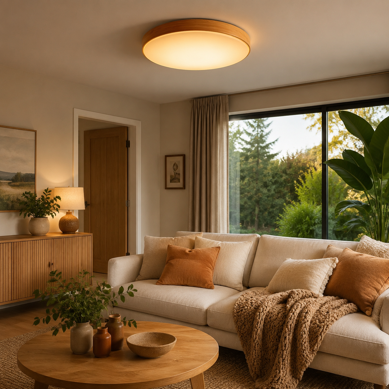 Cosy modern living room with warm ceiling light — NZ Market home style