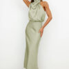 Nzmarket Valerie Long Satin Halter Neck Dress – Elegant Formal Evening Wear
