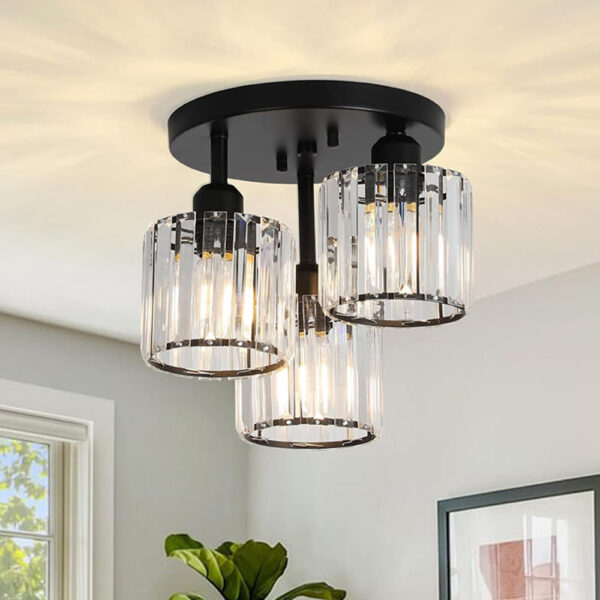Nzmarket Crystal Semi-Flush Ceiling Light – Black, Gold & Silver