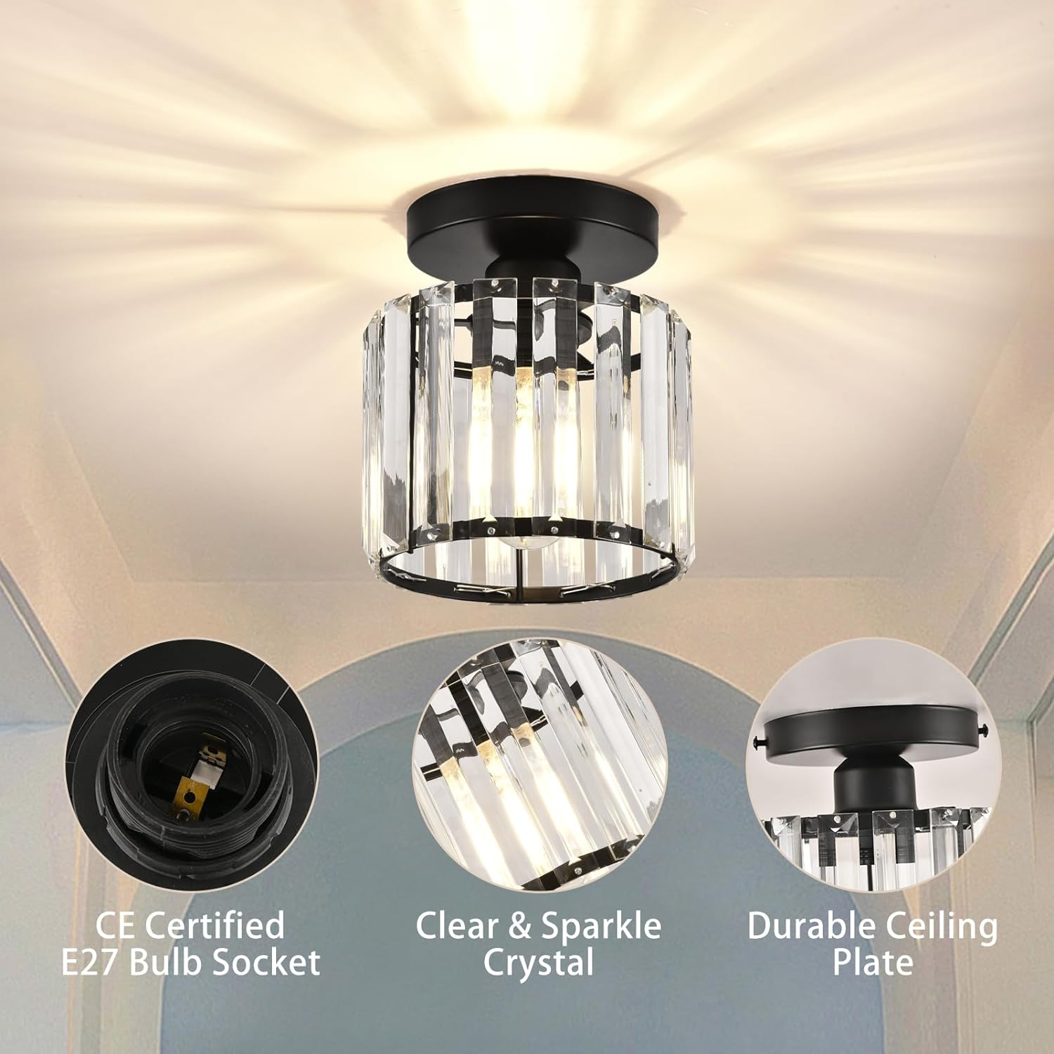 Nzmarket Crystal Glass LED Ceiling Light – Square & Circle, Black Frame