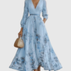Plyssara | Printed Pleated Deep V Occasion Maxi Dress