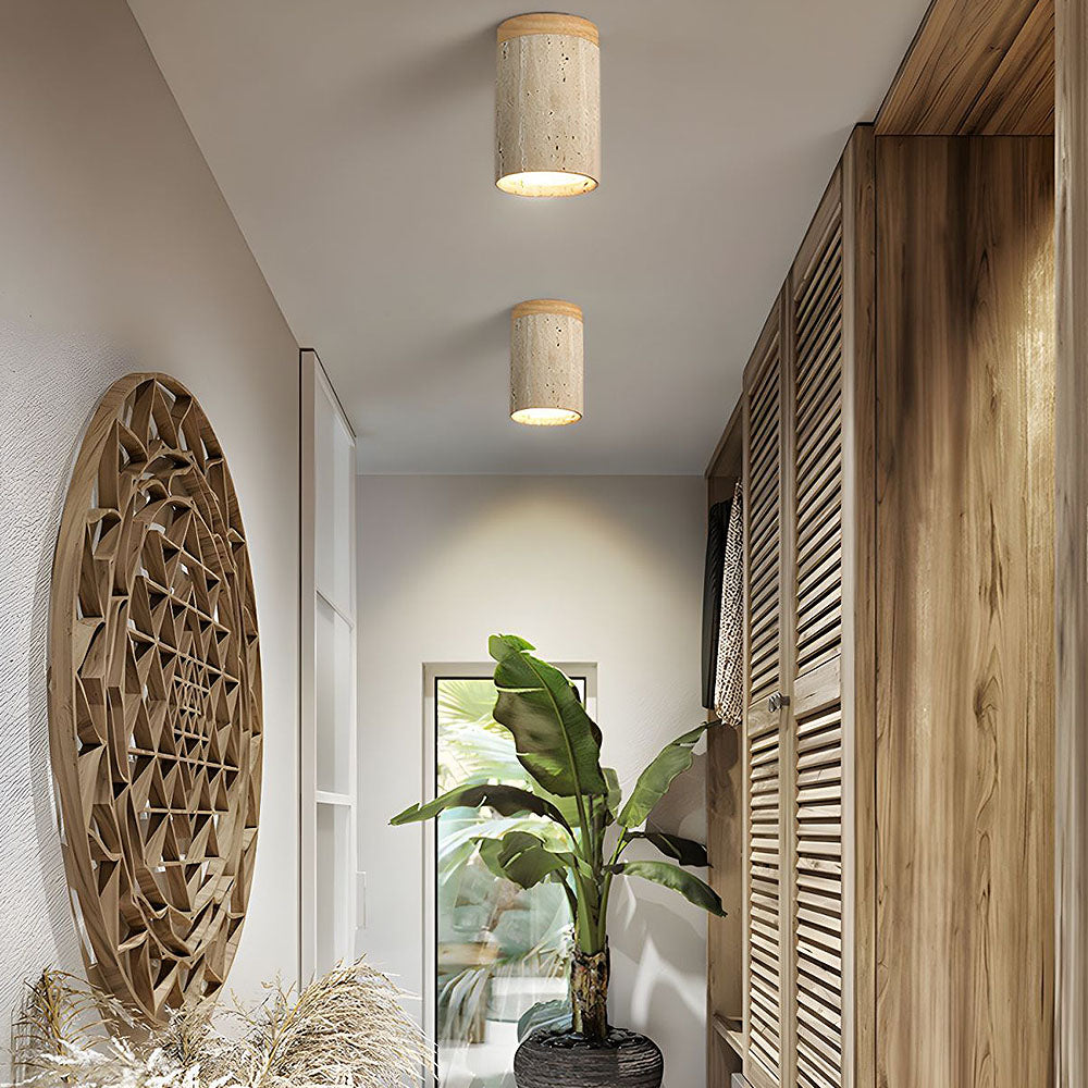 Nzmarket Wood Cylinder Flush Mount Ceiling Light – Natural & Walnut Finish