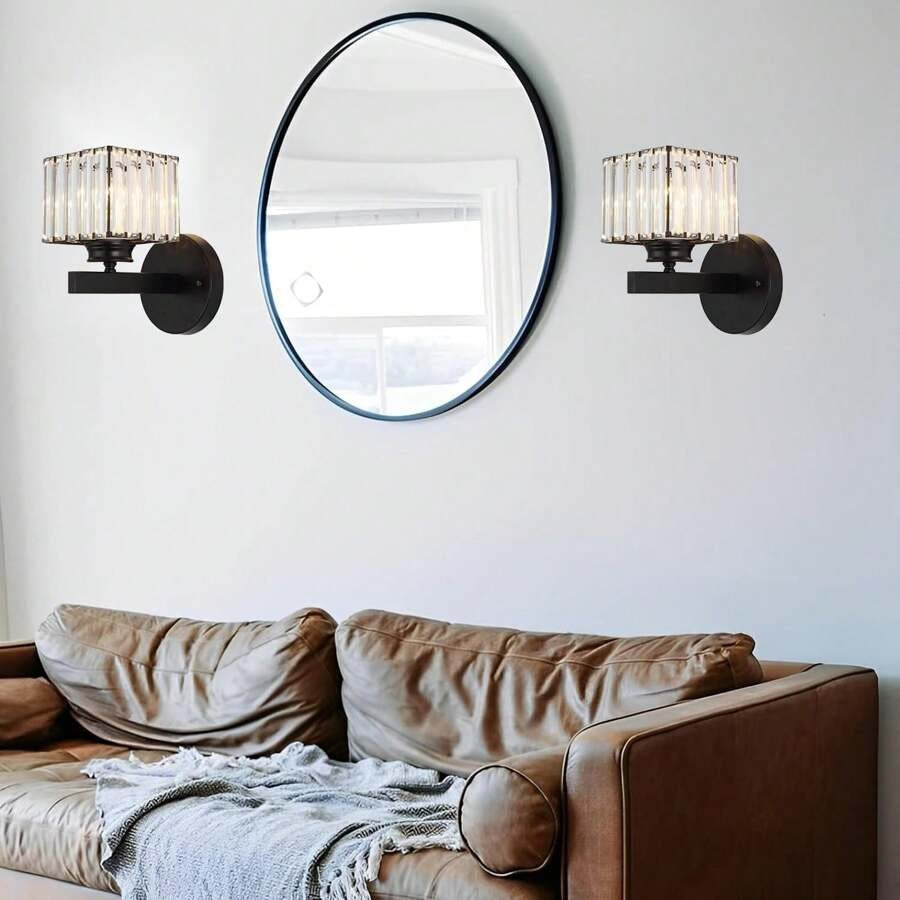 Nzmarket Crystal Glass Wall Light – Round & Square, Black & Gold Finish