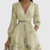 Plyssara | Printed Pleated Deep V Occasion Maxi Dress