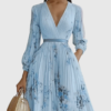 Plyssara | Printed Pleated Deep V Occasion Maxi Dress