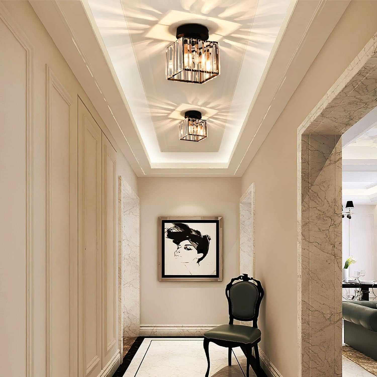 Nzmarket Crystal Glass LED Ceiling Light – Square & Circle, Black Frame