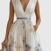 Plyssara | Printed Pleated Deep V Occasion Maxi Dress