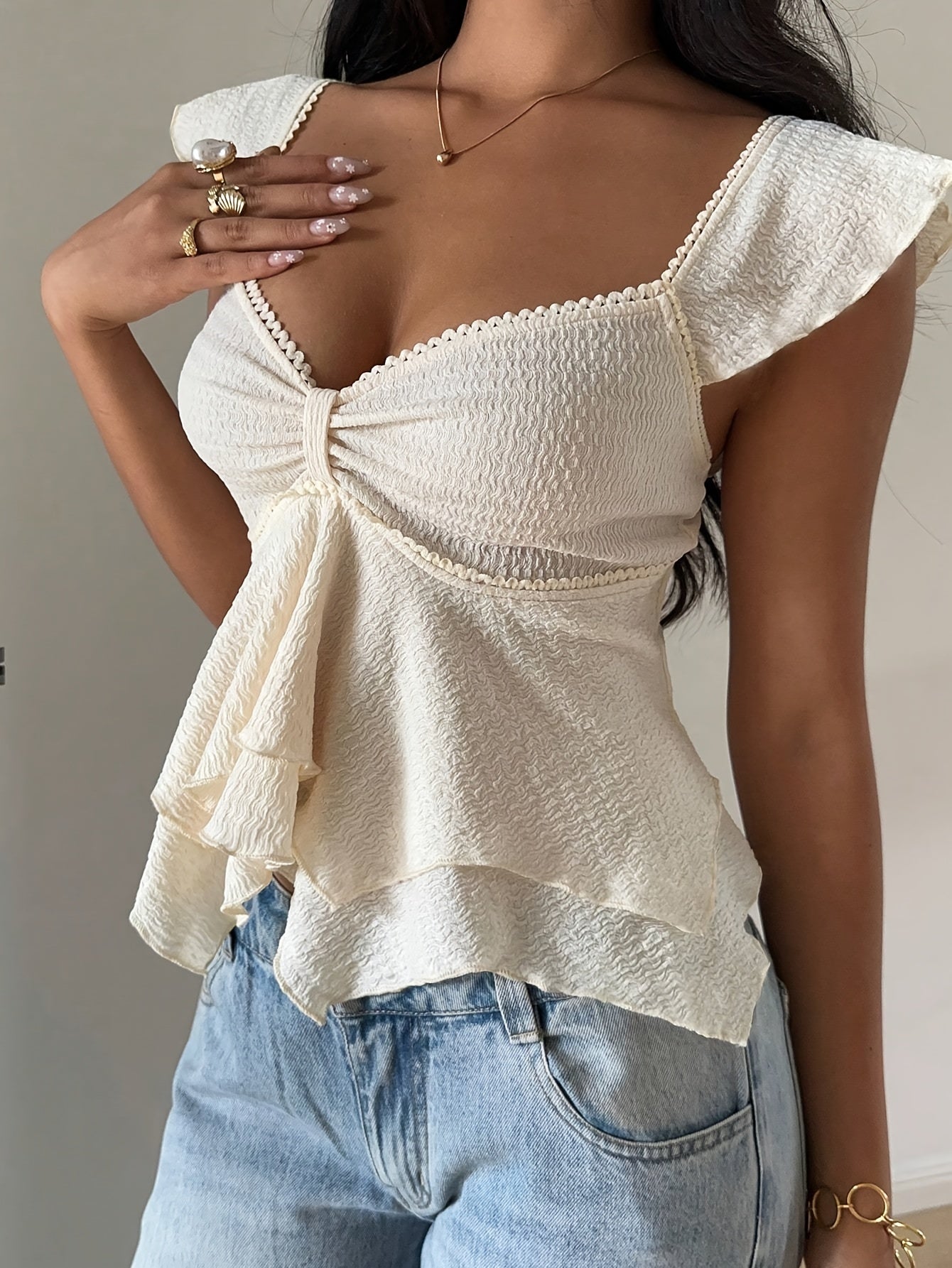 Nzmarket Lunora Y2K Sweetheart Neckline Ruffle-Hem T-Shirt