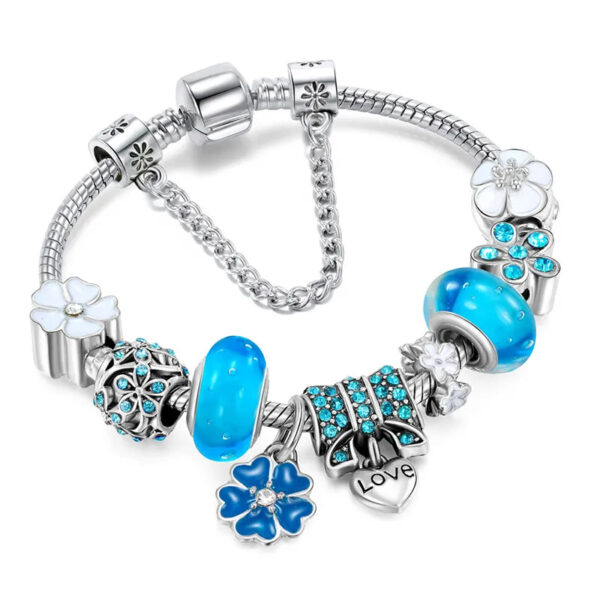 Nzmarket Sterling Silver Floral Charm Bracelet – Blue, Pink & White
