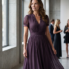 Sheerova | Pleated Waist Sheer Sleeve Evening Maxi Dress