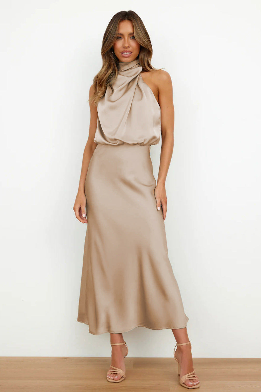 Nzmarket Valerie Long Satin Halter Neck Dress – Elegant Formal Evening Wear