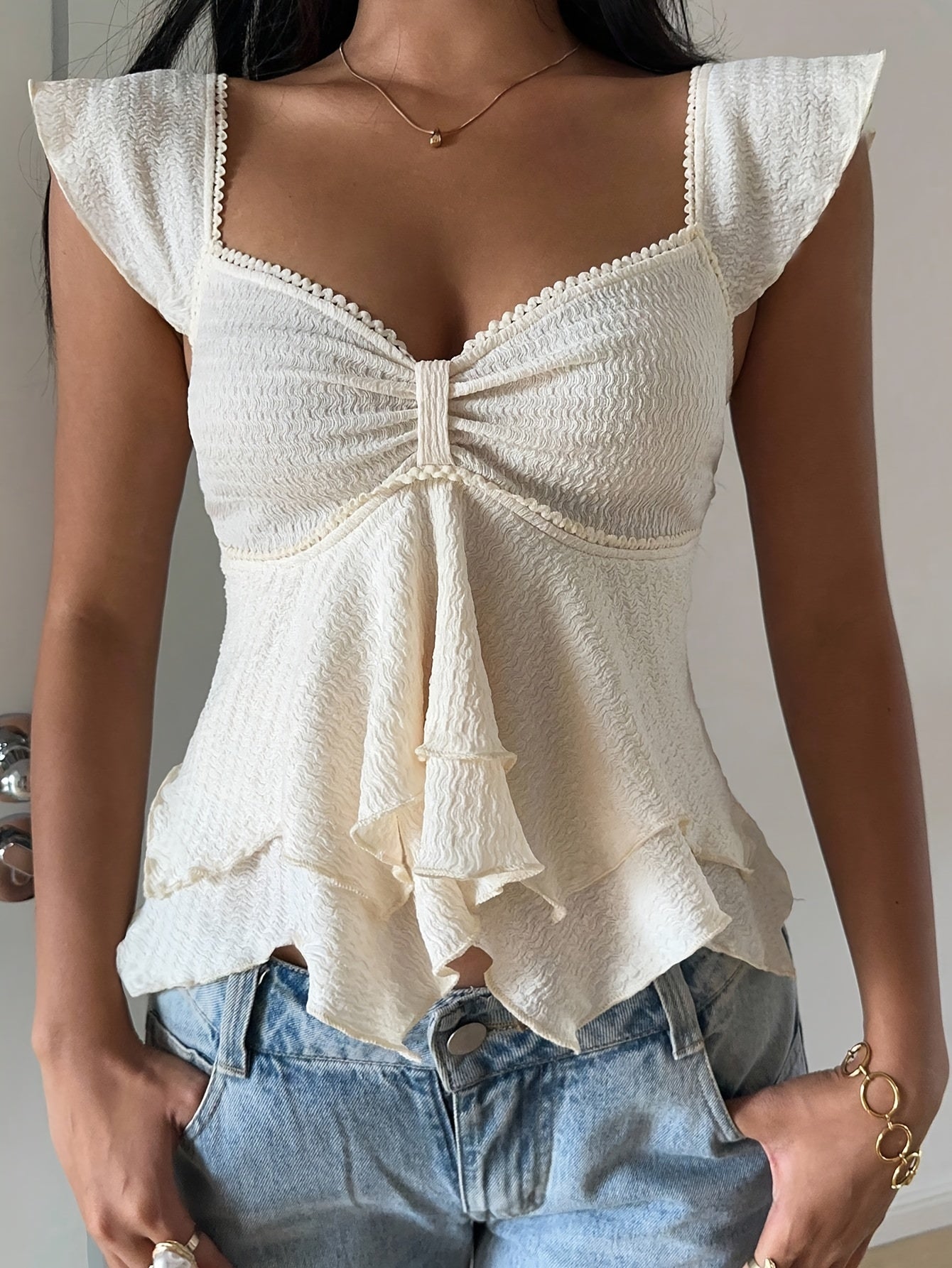 Nzmarket Lunora Y2K Sweetheart Neckline Ruffle-Hem T-Shirt