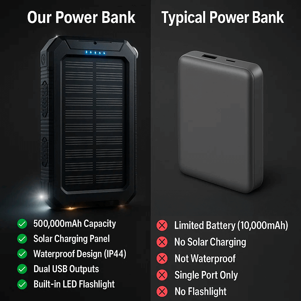 Solar External Power Bank – 20,000mAh, Waterproof & Portable USB Charger