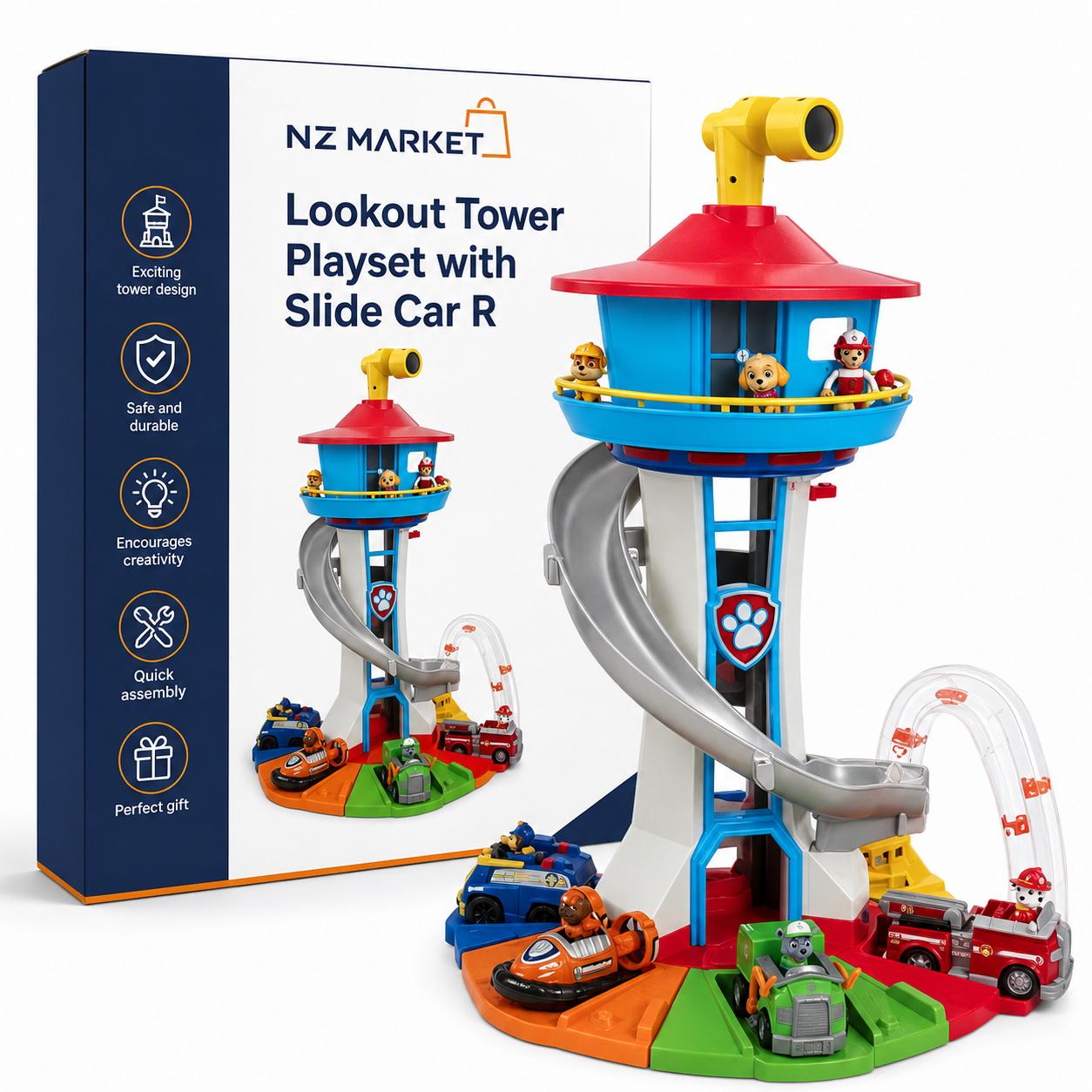 Nzmarket Lookout Tower Playset with Slide Car Ramp and Race Track Toy