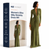 Women's Olive Silky Stretchy Dress With Deep V-Neck & Ruched Detail, Glamorous Maxi Dress