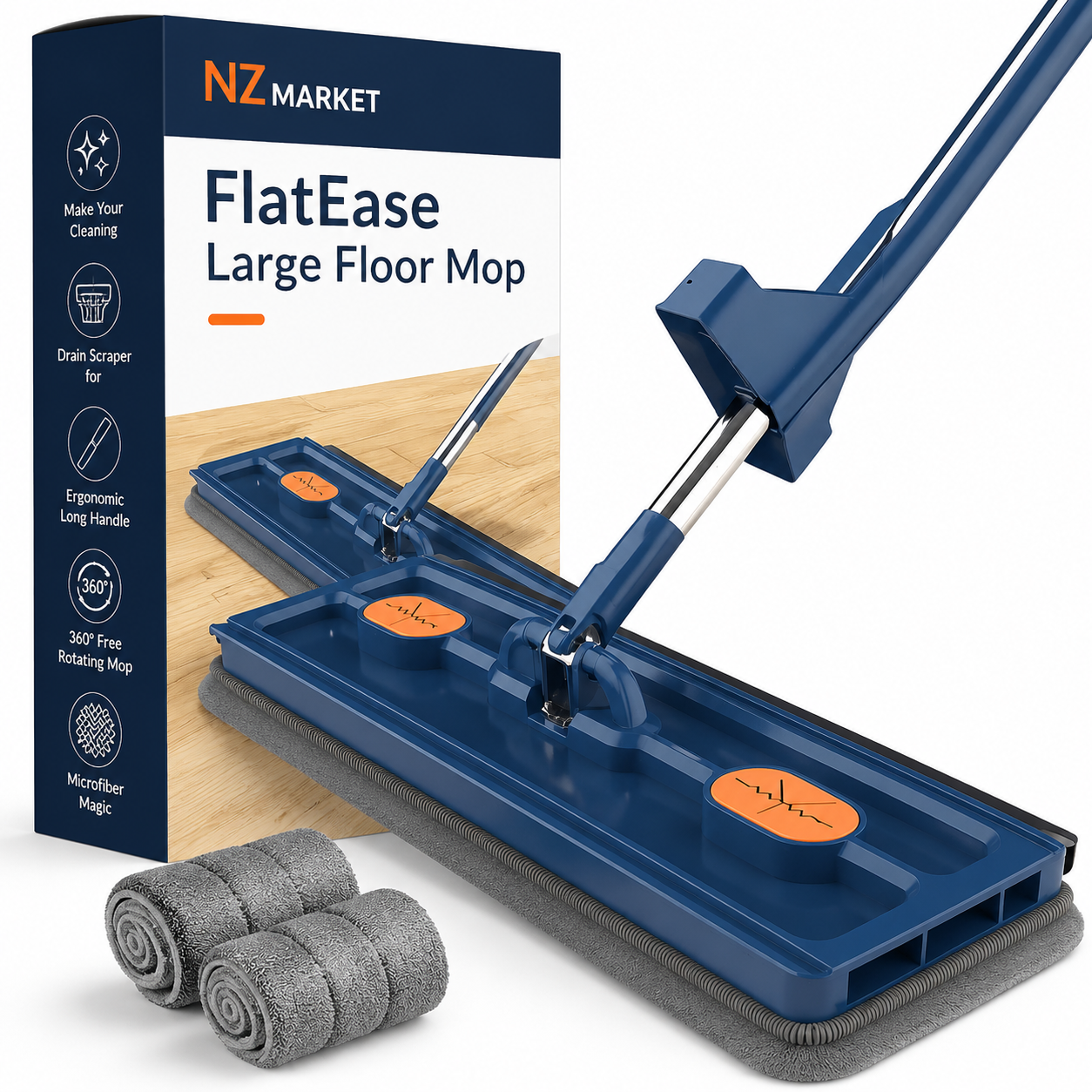 FlatEase Large Floor Mop – With Reusable Microfiber & 360° Swivel Head