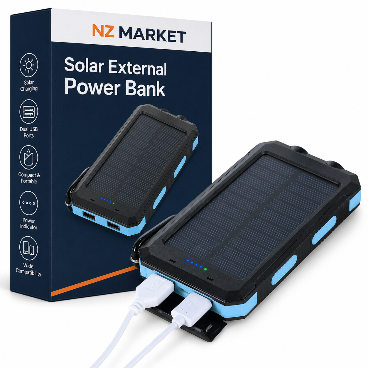 Solar External Power Bank – 20,000mAh, Waterproof & Portable USB Charger