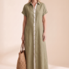 Women's Minimalist Linen Blend Short-sleeved Shirt Maxi Dress
