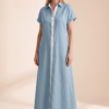 Women's Minimalist Linen Blend Short-sleeved Shirt Maxi Dress