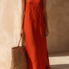 Women's Red Linen Dress With Spaghetti Straps & Square Neck, Timeless Boho-Resort Style Dress