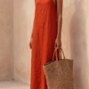 Women's Red Linen Dress With Spaghetti Straps & Square Neck, Timeless Boho-Resort Style Dress