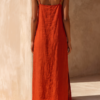 Women's Red Linen Dress With Spaghetti Straps & Square Neck, Timeless Boho-Resort Style Dress