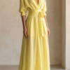 Women's Lemon Yellow Cotton And Linen Blend Maxi Shirt Dress With Tie Waist & Half Sleeves