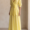 Women's Lemon Yellow Cotton And Linen Blend Maxi Shirt Dress With Tie Waist & Half Sleeves