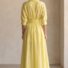 Women's Lemon Yellow Cotton And Linen Blend Maxi Shirt Dress With Tie Waist & Half Sleeves