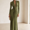 Women's Olive Silky Stretchy Dress With Deep V-Neck & Ruched Detail, Glamorous Maxi Dress