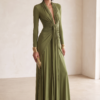 Women's Olive Silky Stretchy Dress With Deep V-Neck & Ruched Detail, Glamorous Maxi Dress