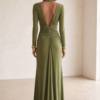 Women's Olive Silky Stretchy Dress With Deep V-Neck & Ruched Detail, Glamorous Maxi Dress