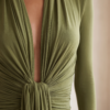 Women's Olive Silky Stretchy Dress With Deep V-Neck & Ruched Detail, Glamorous Maxi Dress