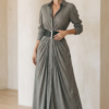 Ladies Lapel Long Sleeve Single Breasted Belt Maxi Dress