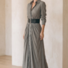 Ladies Lapel Long Sleeve Single Breasted Belt Maxi Dress