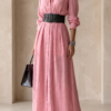 Women's Solid Color Lapel Long Sleeve Single Breasted Belt Maxi Shirt Dress