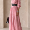 Women's Solid Color Lapel Long Sleeve Single Breasted Belt Maxi Shirt Dress