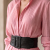 Women's Solid Color Lapel Long Sleeve Single Breasted Belt Maxi Shirt Dress