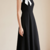 Women's Colorblock Square Neck Cap Shoulder Sleeve Waist Midi Dress