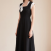 Women's Colorblock Square Neck Cap Shoulder Sleeve Waist Midi Dress